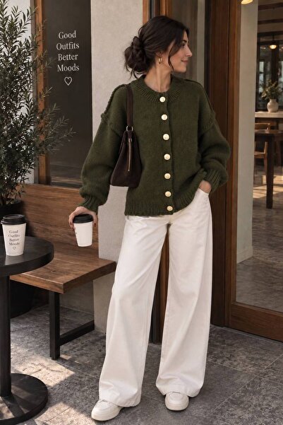 SHEZAN MODA Kadın Haki Oversize Düğmeli Triko Hırka BB-470024702