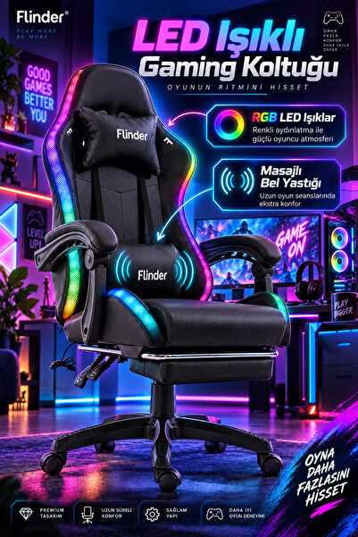 Flinder Premium Siyah Oyuncu Koltuğu, Masajlı ve Ledli Sandalye, Işıklı, Yüks...