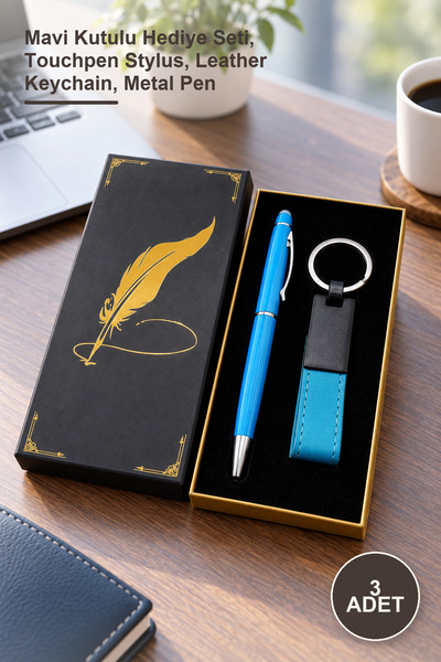 Yenilig 3 Pieces Metal Leather Keychain and Ballpoint Pen – Gift Set with Blu...