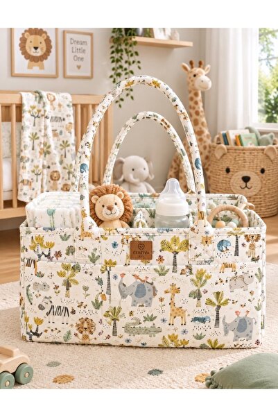 Kids Soft Minimal Safari Desenli Keçe Bebek Organizer Çanta – Bebek Bakım ve Anne Çantası – Çok Amaçlı Düzenleyici