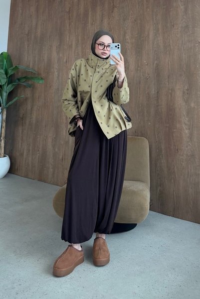 Şule Giyim Polka Dot Trench Coat Oil Green
