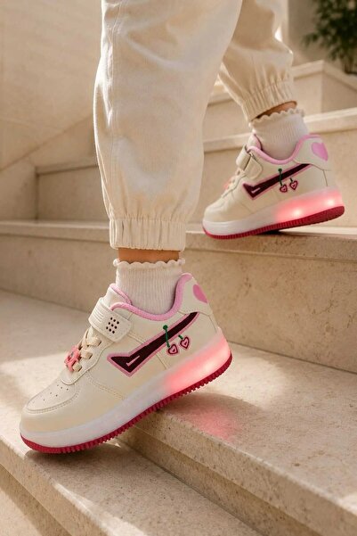 AlbiShoes Çocuk Işıklı Okul Günlük Spor Ayakkabı Kiraz Desenli Cırtlı Kaymaz Taban Rahat Sneaker