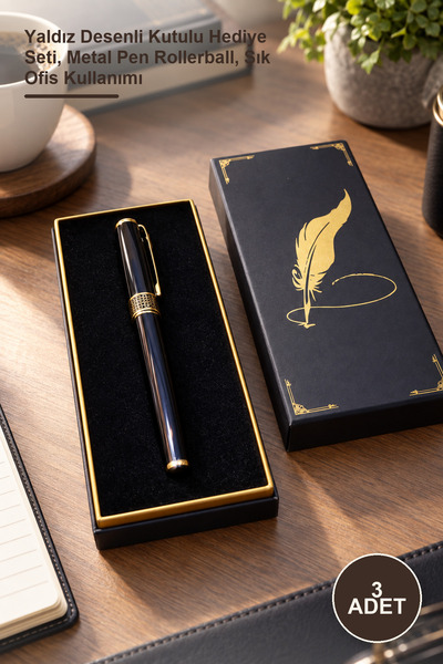 Yenilig 3 black metal rollerball pens - gilded design gift set with box, meta...