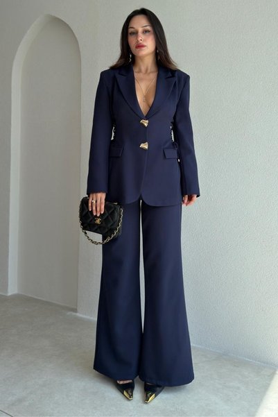 aura7 collection KADIN GİYİM YAN BRİT BAĞLAMALI LACİVERT BLAZER TAKIM