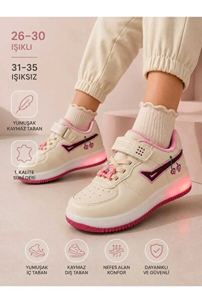 AlbiShoes Çocuk Işıklı Okul Günlük Spor Ayakkabı Kiraz Desenli Cırtlı Kaymaz Taban Rahat Sneaker