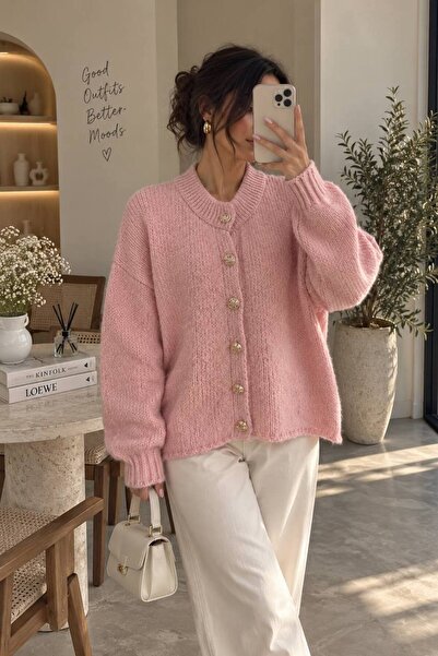 SHEZAN MODA Kadın Pembe Oversize Düğmeli Triko Hırka BB-470024702