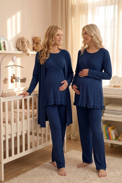 Rimel Homewear طقم بيجامة للأمهات باللون الأزرق الداكن - قطن، ياقة مزدوجة للر...
