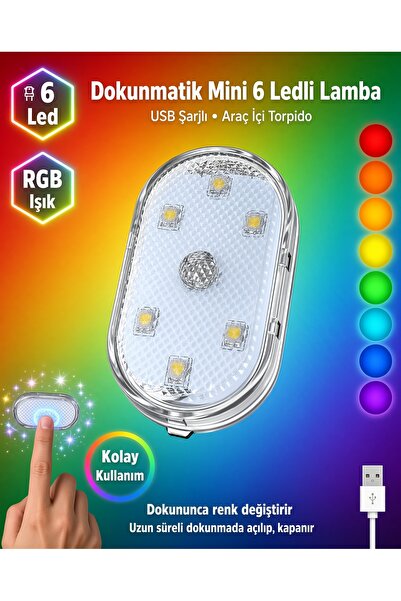Dokunmatik Mini 6 Ledli Lamba Usb Şarj Edilebilir RGB Işık Ayak Altı Torpido Lambası 7 Renk