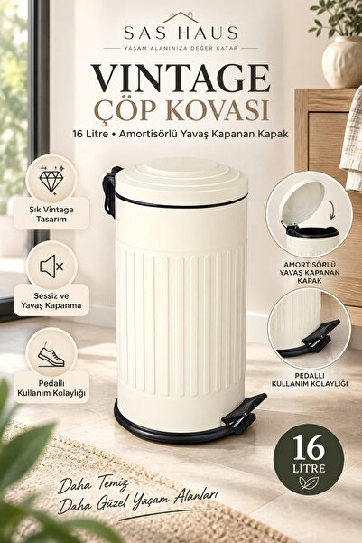 Sas Haus 16 Lt Vintage Çöp Kovası Krem – Sessiz Yavaş Kapanan Amortisörlü Kap...