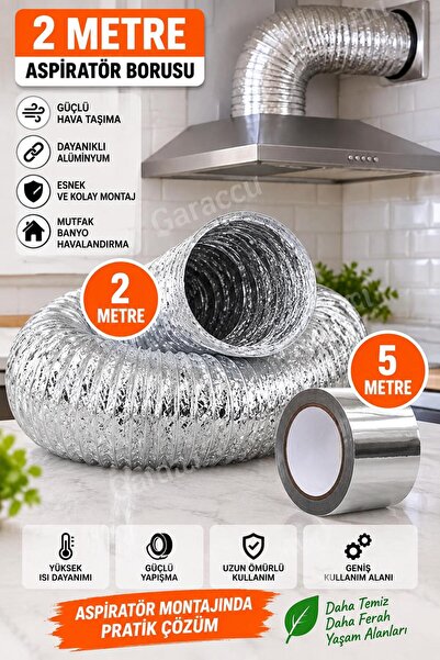 garaccu 2 Metre Telli Aspiratör Davlumbaz Baca Borusu ve 5 Metre Aluminyum Fo...
