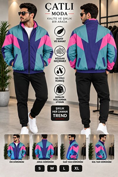 ÇATLI FASHİON Unisex Retro Rüzgarlık Paraşüt Kumaş Ceket – Renkli Geometrik D...