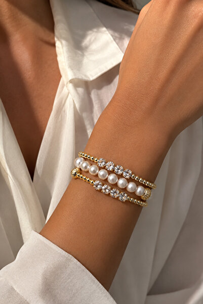 Modex Gold Yellow Pearl and Zircon Stone Detailed Multi-Row Stylish Bracelet