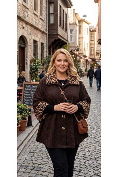tülaybutik Women's Plus Size Leopard Fur Detailed Winter Buttoned Poncho