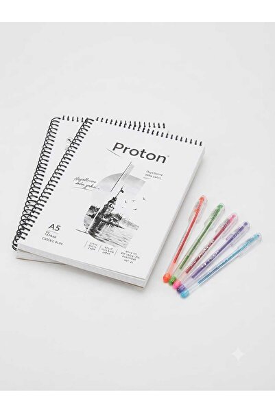 Proton 2Pcs 80 Sheets A5 Spiral Unlined Notebook & 5Pcs Colorful Ballpoint Pe...