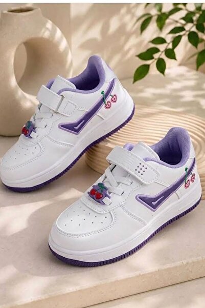 AlbiShoes Çocuk Işıklı Okul Günlük Spor Ayakkabı Kiraz Desenli Cırtlı Kaymaz Taban Rahat Sneaker