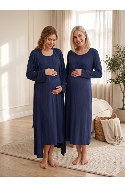 Rimel Homewear طقم ملابس نوم نسائية من القطن باللون الأزرق الداكن، بتصميم مزد...