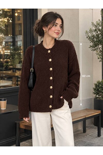SHEZAN MODA Kadın Kahverengi Oversize Düğmeli Triko Hırka BB-470024702