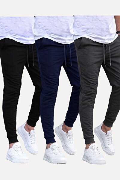 SURMARİ Set of 3 Unisex Regular Fit Ribbed Leggings in Black, Gray, Navy Blue...