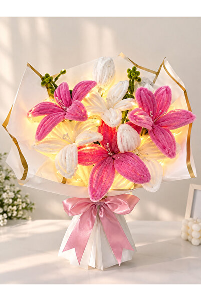 EFA Flowers Pembe Beyaz LED Işıklı Lilyum Şönil Çiçek Buketi