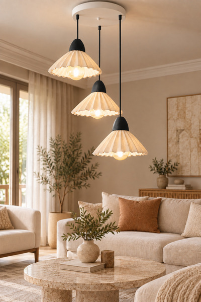 güneybutik Siyah Lalena Modern Pileli Üçlü Sarkıt Avize (Rustik ampüller dahi...
