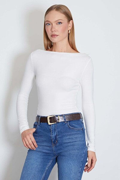 Fulla Moda Yanları Drapeli Kayık Yaka Slim Fit Bluz