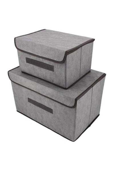 Generic 2-Piece Foldable Fabric Storage Box Set with Lid, Grey