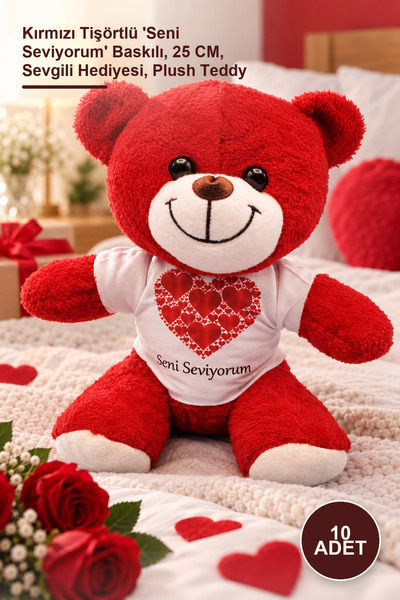 Yenilig 10 Plush Teddy Bears - Red T-Shirt with'I Love You' Print, 25 Cm, Gif...