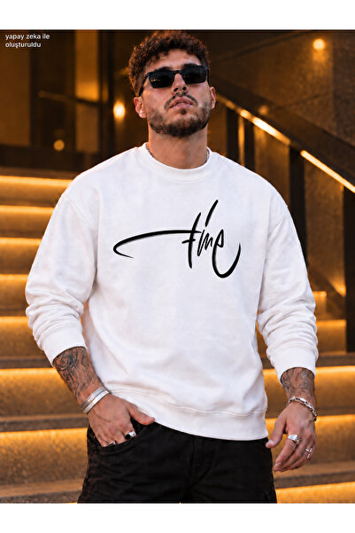 caddekombin Men's White Time Signature Printed Crew Neck Casual Regular Fit S...