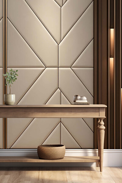 MİRAZAWALL Geometrik Panelli ve Dikey Ahşap Çıtalı Işıklı Modern Tek Parça Te...