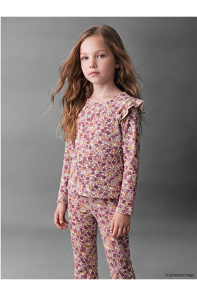 LC Waikiki Pink Crew Neck Floral Printed Girls' Ruffle T-Shirt