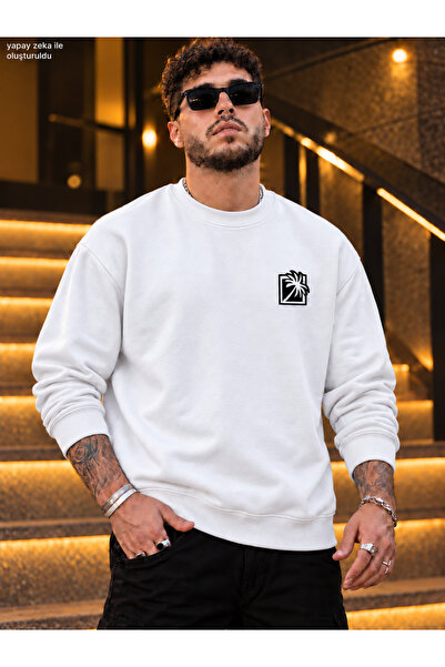 caddekombin Men's Palm Logo Printed Crew Neck Casual Regular Fit Sweatshirt
