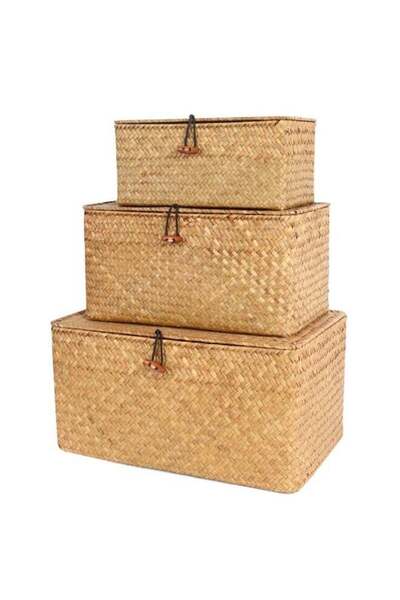 Generic Set of 3 Shelf Basket with Lid for Home Decor Seagrass Storage Basket...