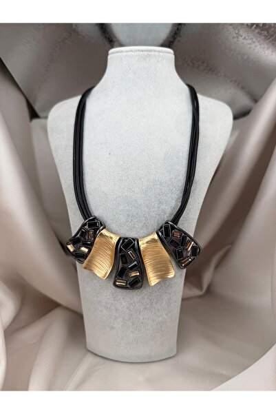 ZS Aksesuar Black Gold Statement Necklace – Multiple Strands with Crystal Sto...