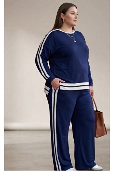 Özgür White Piping Detailed Soft Plus Size Tracksuit Set