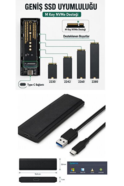 Laptify M.2 SSD Kutusu USB 3.0 Type-C Harici SSD Disk Kutusu, Nvme M.2 SSD Uyumlu, 2Tb Kapasite Desteği, Pcıe M-Key