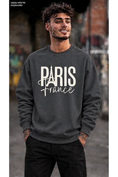 caddekombin Men's Paris France Printed Crew Neck Casual Regular Fit Sweatshirt