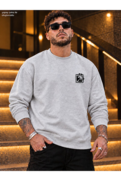 caddekombin Men's Palm Logo Printed Crew Neck Casual Regular Fit Sweatshirt