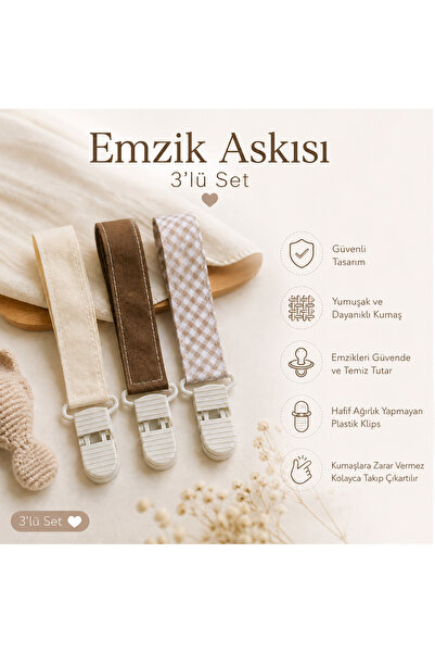 3’lü Emzik askısı seti - Kahverengi, Krem ve Kahverengi ekose desenli