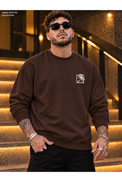 caddekombin Men's Palm Logo Printed Crew Neck Casual Regular Fit Sweatshirt