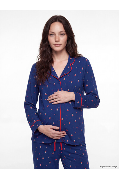LC Waikiki Vizyon New Season Blue Shirt Collar Patterned Maternity Pajama Set