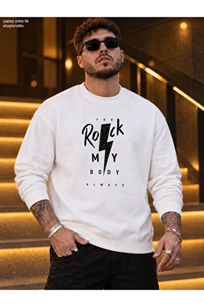 caddekombin Men's Rock My Body Printed Crew Neck Casual Regular Fit Sweatshirt