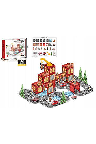 Ikonka Cuburi magnetice de construcție 3D cu tema pompierilor, 2 mașini, 92 d...