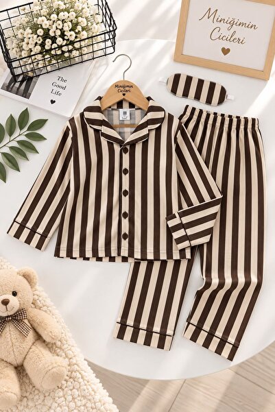 Minigimin Cicileri Stick Pattern Eye Patch Boys' Seasonal Pajama Set - Brown