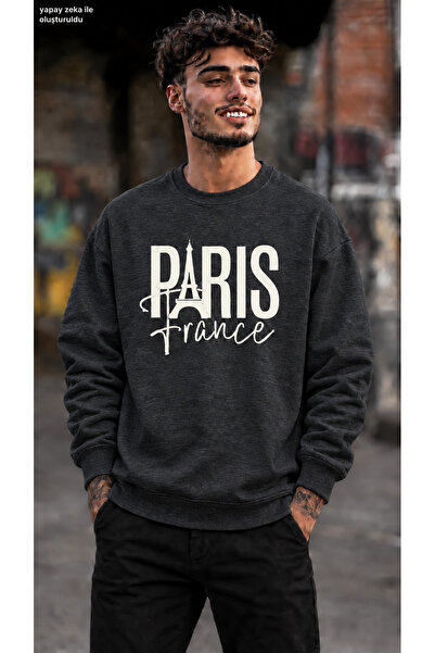 caddekombin Men's Paris France Printed Crew Neck Casual Regular Fit Sweatshirt