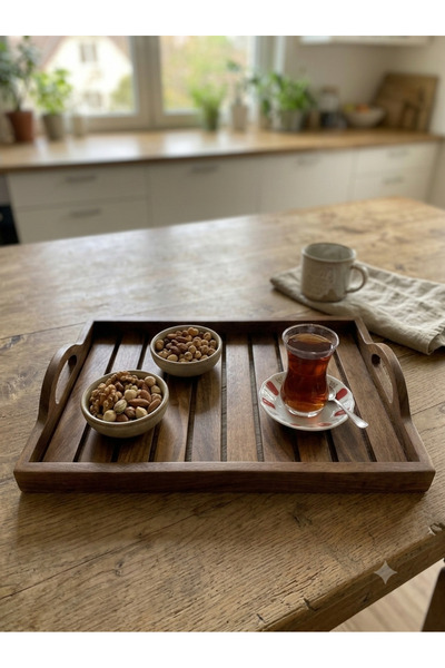 Masif Ahşap Izgaralı Sunum Tepsisi - Kulplu Koyu Ceviz Çay Kahve Servis Tepsisi