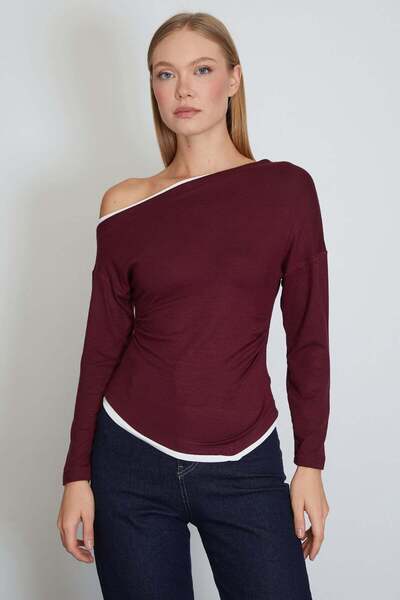 Fulla Moda Garnili Boat Neck Draped Asymmetrical Cut Modal Blouse
