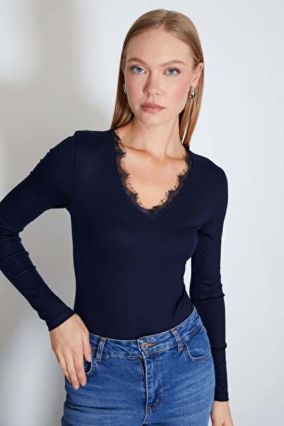 Fulla Moda Lace V-Neck Long Sleeve Snap-On Bodysuit