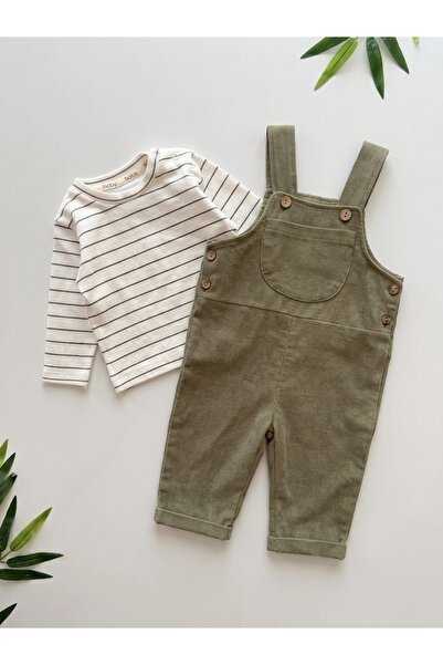 Valia Baby Çizgili Kalın Bodyli Salopetli Premium Erkek Bebek 2’li Takım