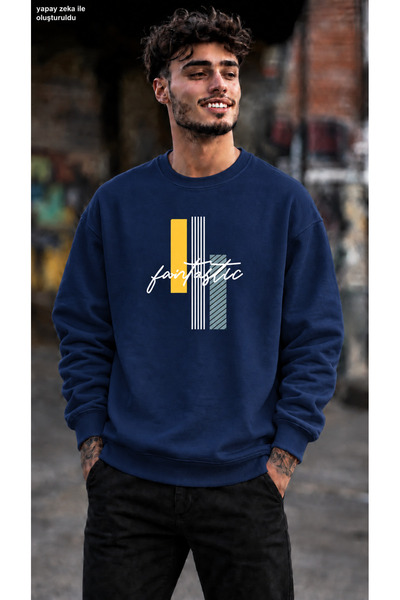 caddekombin Men's Geometric Patterned and Fantastic Written Crew Neck Casual ...