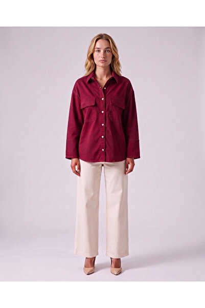 Bold & Young Women's Burgundy Snap Fastener Double Pocket Comfortable Fit Shirt